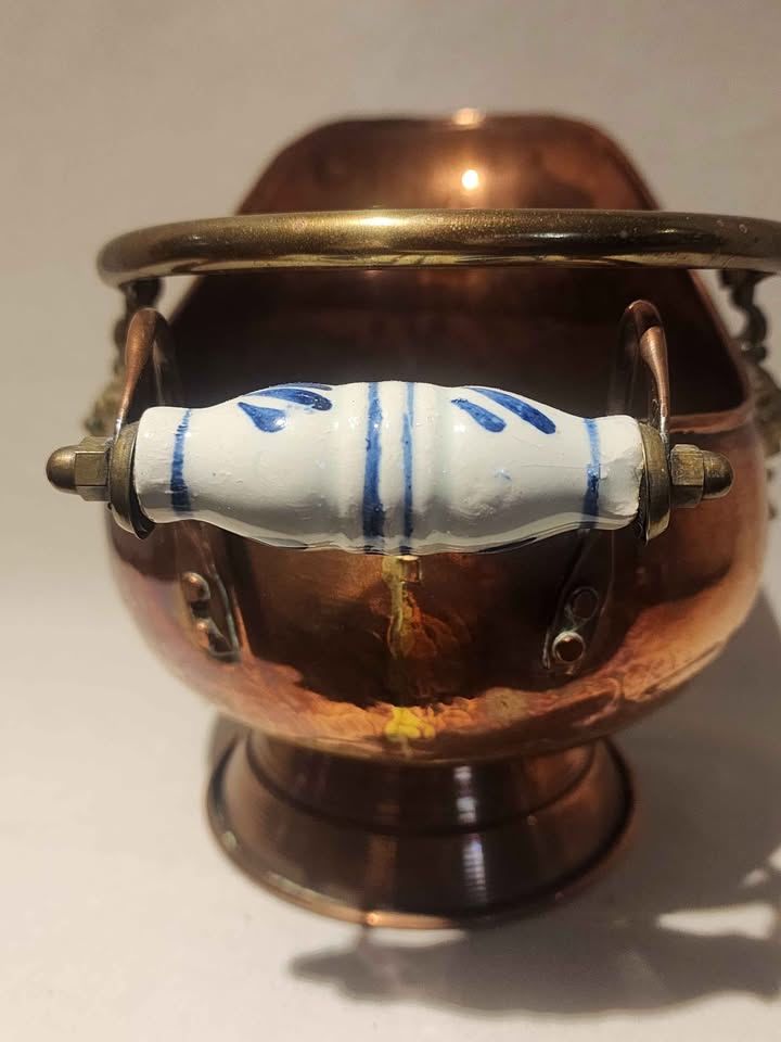 Vintage Copper Coal Scuttle with Delft Porcelain Handles - Lion Head Detail