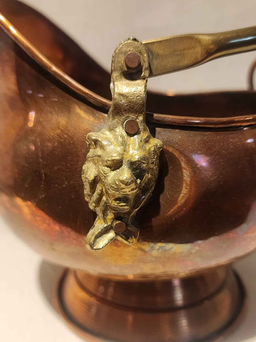 Vintage Copper Coal Scuttle with Delft Porcelain Handles - Lion Head Detail